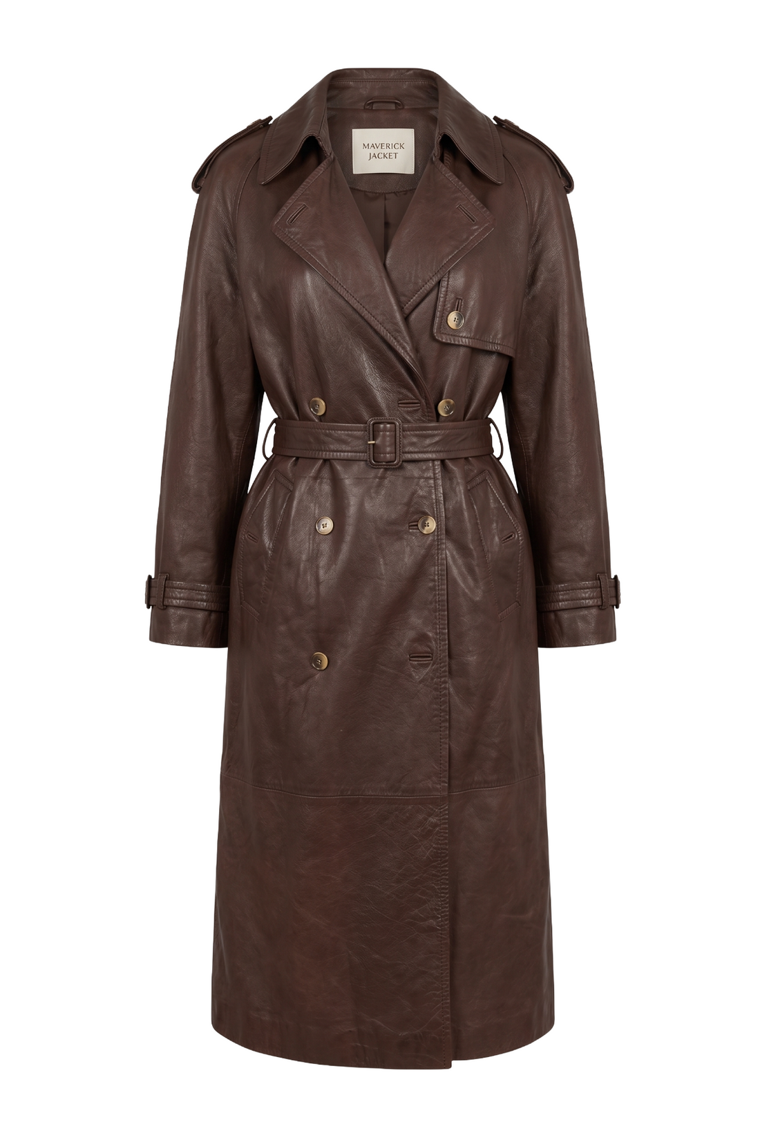 Maverick Isolde dark brown leather trench coat, front view in ghost mannequin with wide lapels, epaulets, double-breasted buttons and belt.