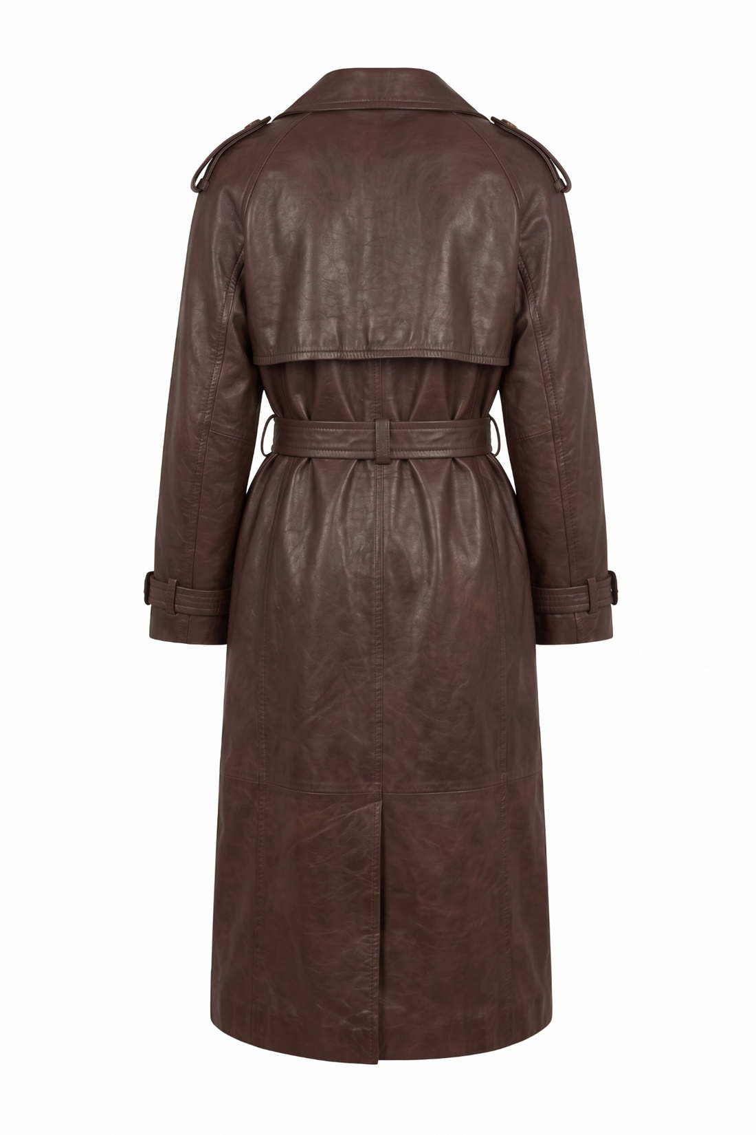 Maverick Isolde dark brown leather trench coat, front view in ghost mannequin with wide lapels, epaulets, double-breasted buttons and belt.