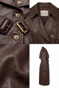 A Maverick Isolde brown leather trench coat shown in a four-panel collage: close-up of buttons and leather detail, front view with lapels and belt, texture close-up, and side profile on a white background. The inner neck label reads 'MAVERICK JACKET'.
