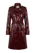 A glossy burgundy leather trench coat with beige shoulder and pocket accents, shown on a plain white background.