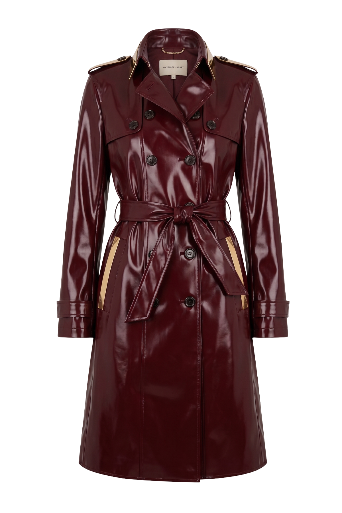 A glossy burgundy leather trench coat with beige shoulder and pocket accents, shown on a plain white background.