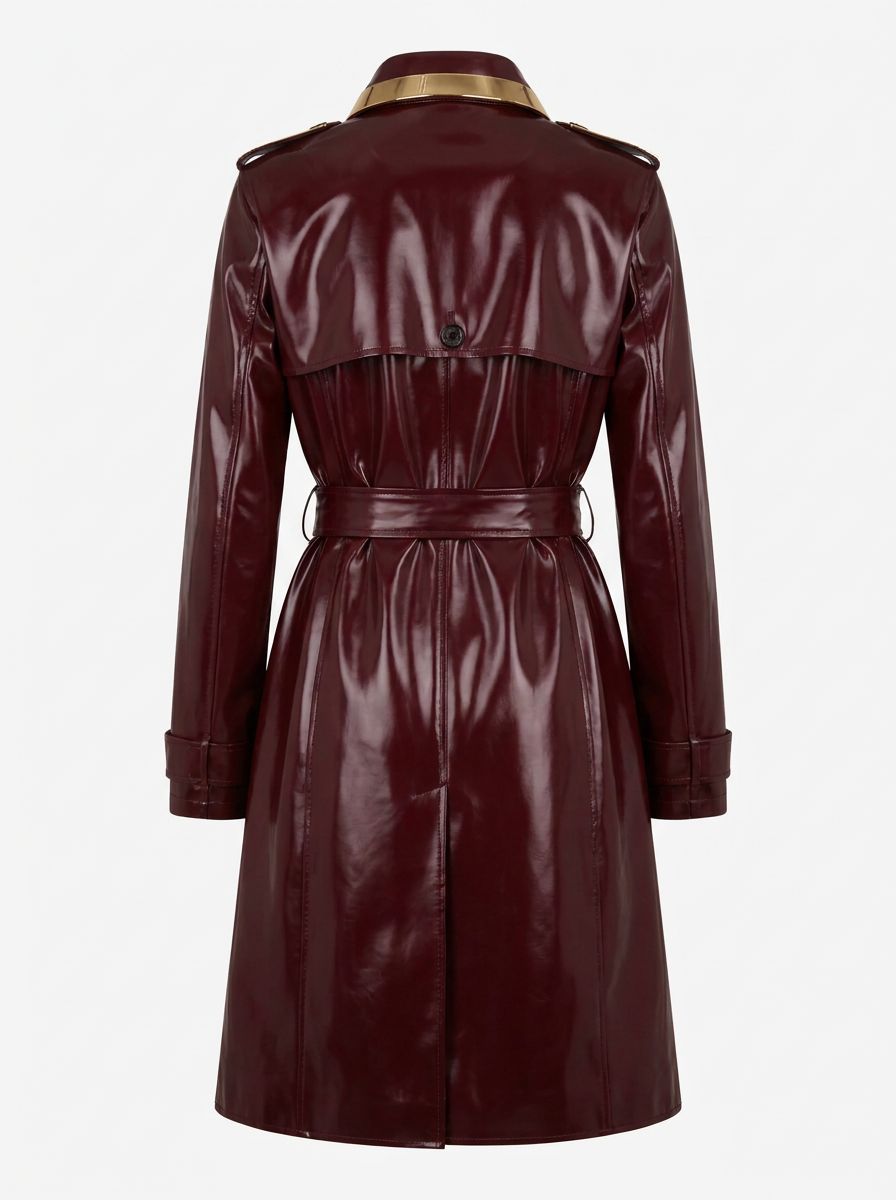 Maverick Ravenna oxblood patent leather trench coat, front view in ghost mannequin with notch lapels, double-breasted buttons and gold trim.