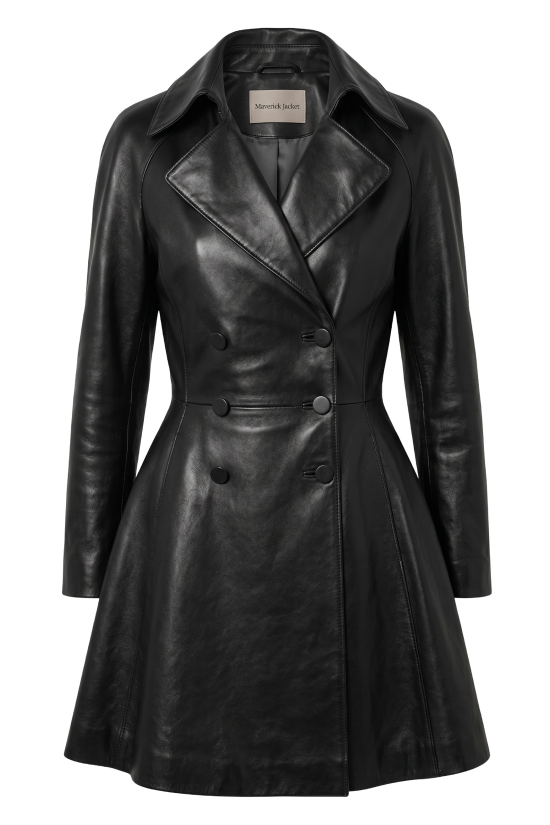 Maverick Odessa black leather double-breasted coat, front view in ghost mannequin with notch lapels, six matte buttons and flared hem.