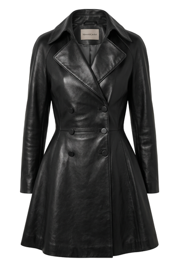 Black Leather Flared Double-Breasted Coat | Maverick Odessa