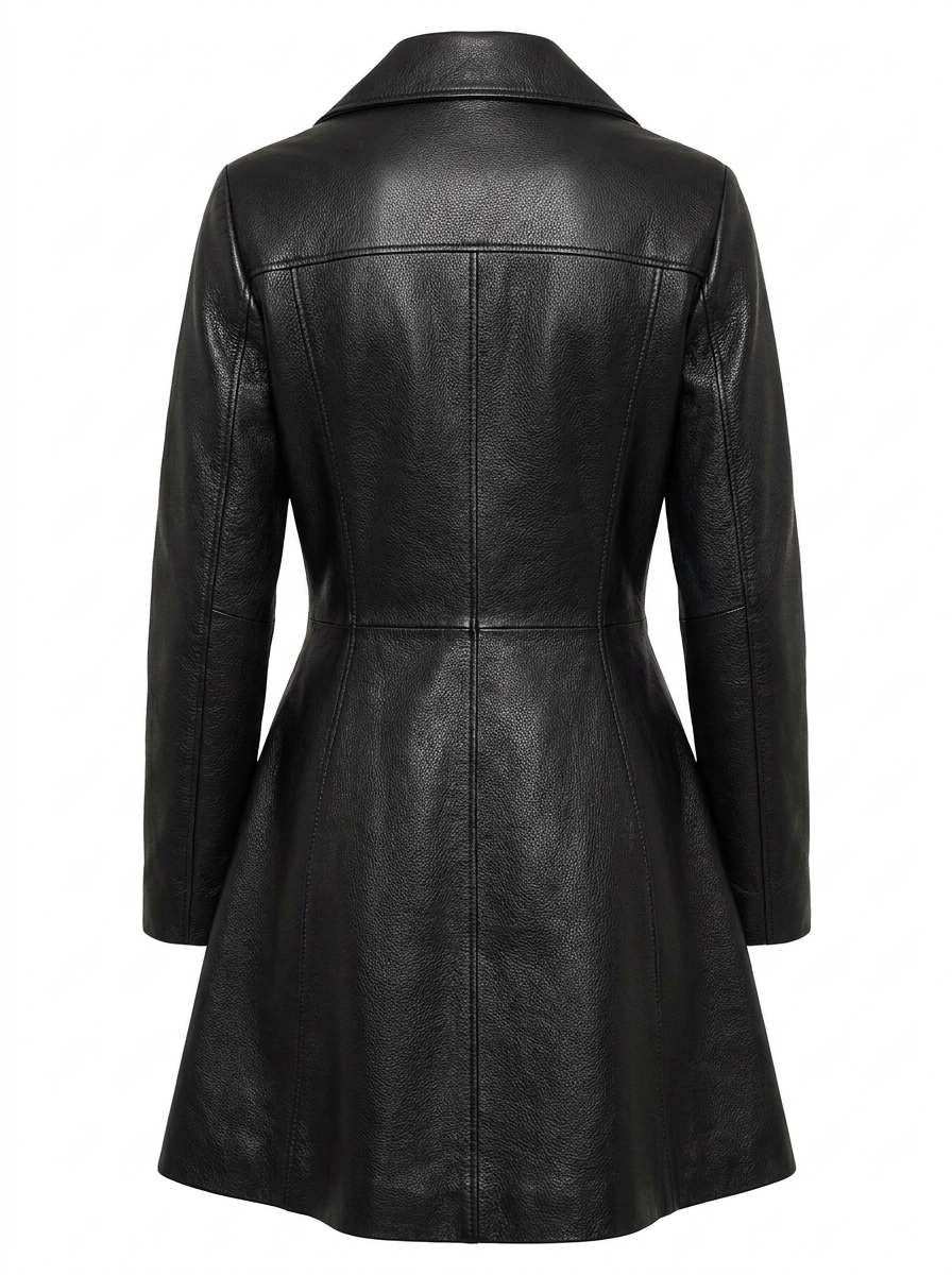 Maverick Odessa black leather double-breasted coat, front view in ghost mannequin with notch lapels, six matte buttons and flared hem.