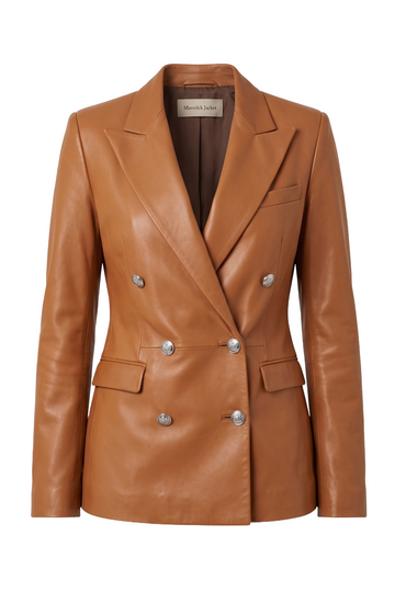 Camel Leather Double-Breasted Blazer | Maverick Veda