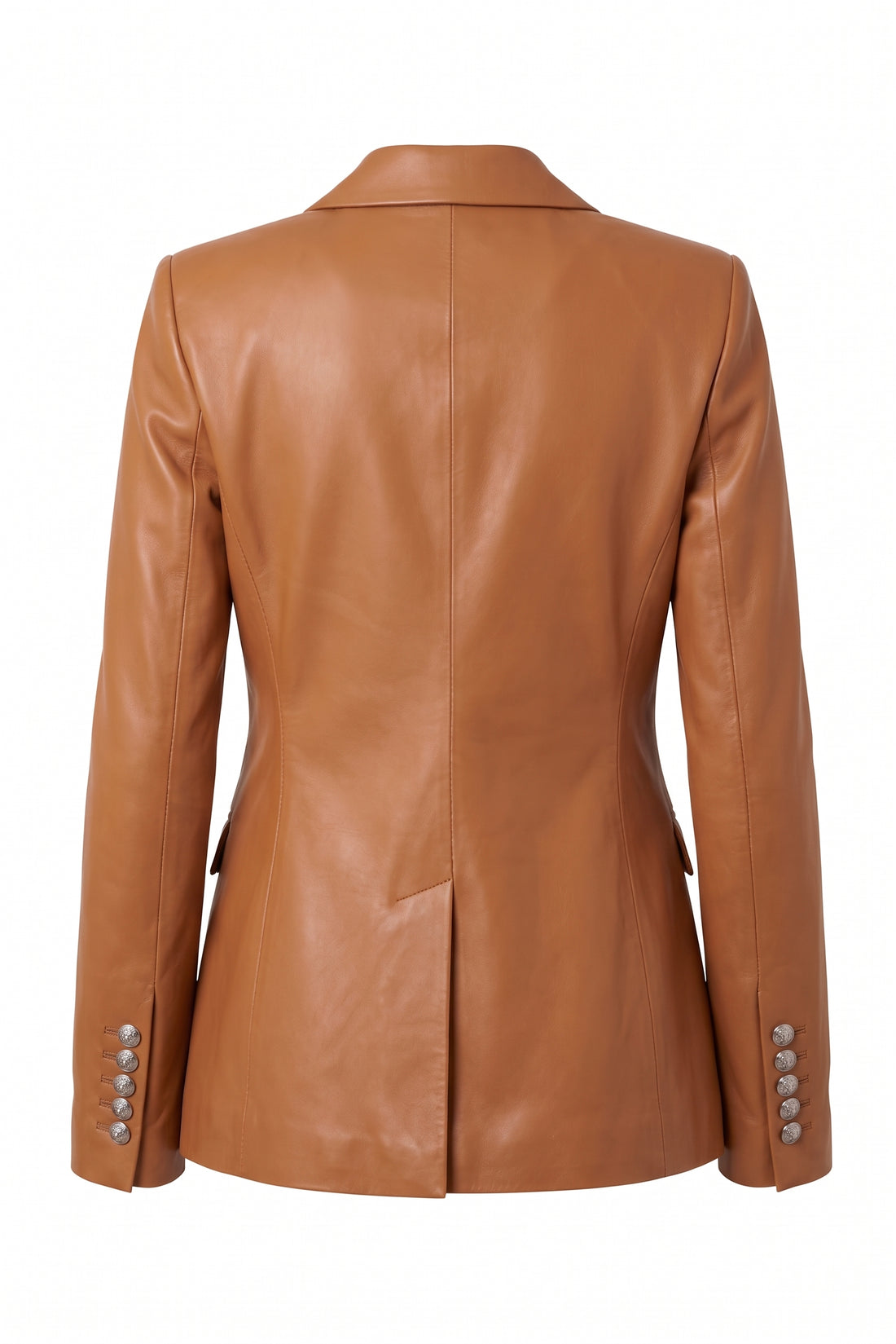 Maverick Veda camel leather double-breasted blazer, front view in ghost mannequin with peak lapels, six silver buttons and flap pockets.