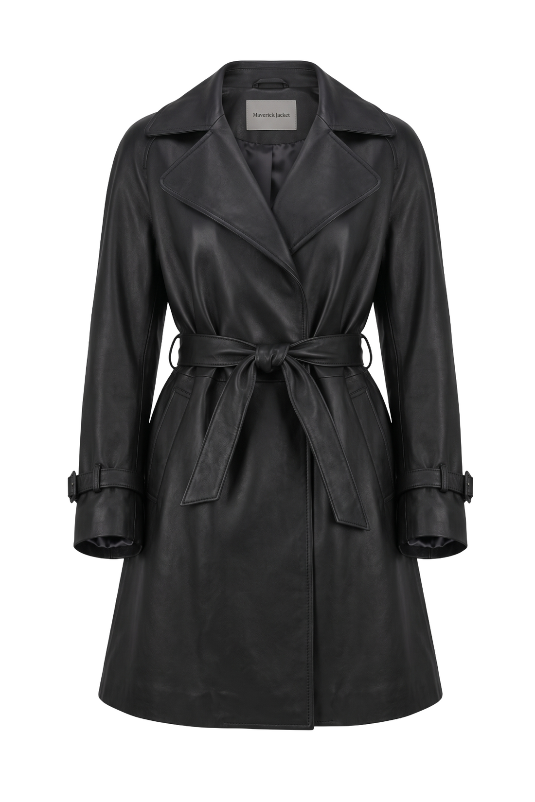Maverick Marlowe black leather wrap trench, front view in ghost mannequin with wide notch lapels, buttonless closure and waist tie belt.
