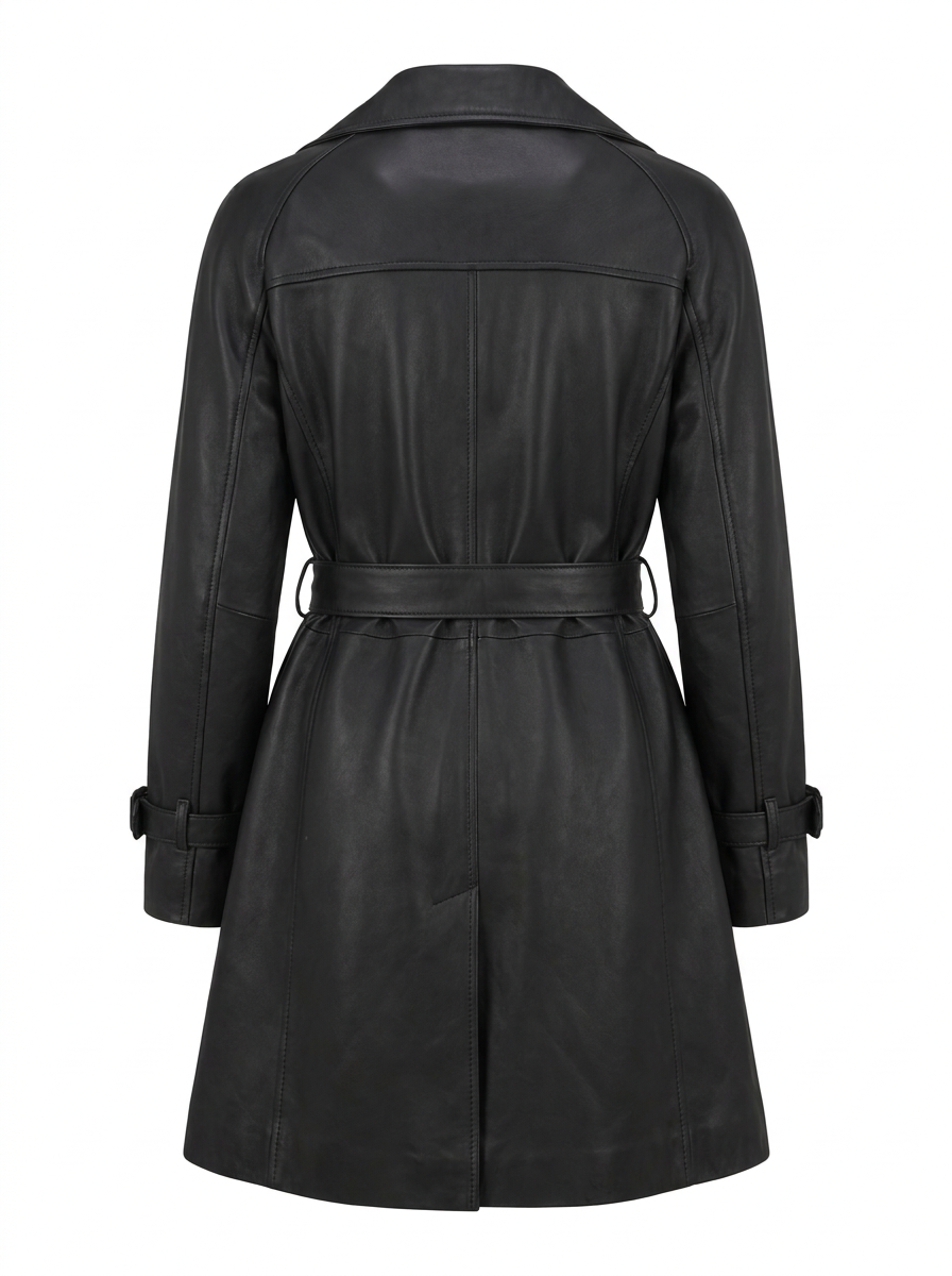 Maverick Marlowe black leather wrap trench, front view in ghost mannequin with wide notch lapels, buttonless closure and waist tie belt.