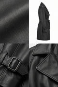 Maverick Marlowe black leather wrap trench shown in a four-panel collage: a side profile view, a close-up of the pebbled leather texture, a close-up of the belt buckle detail, and a close-up of the lapel and leather surface.