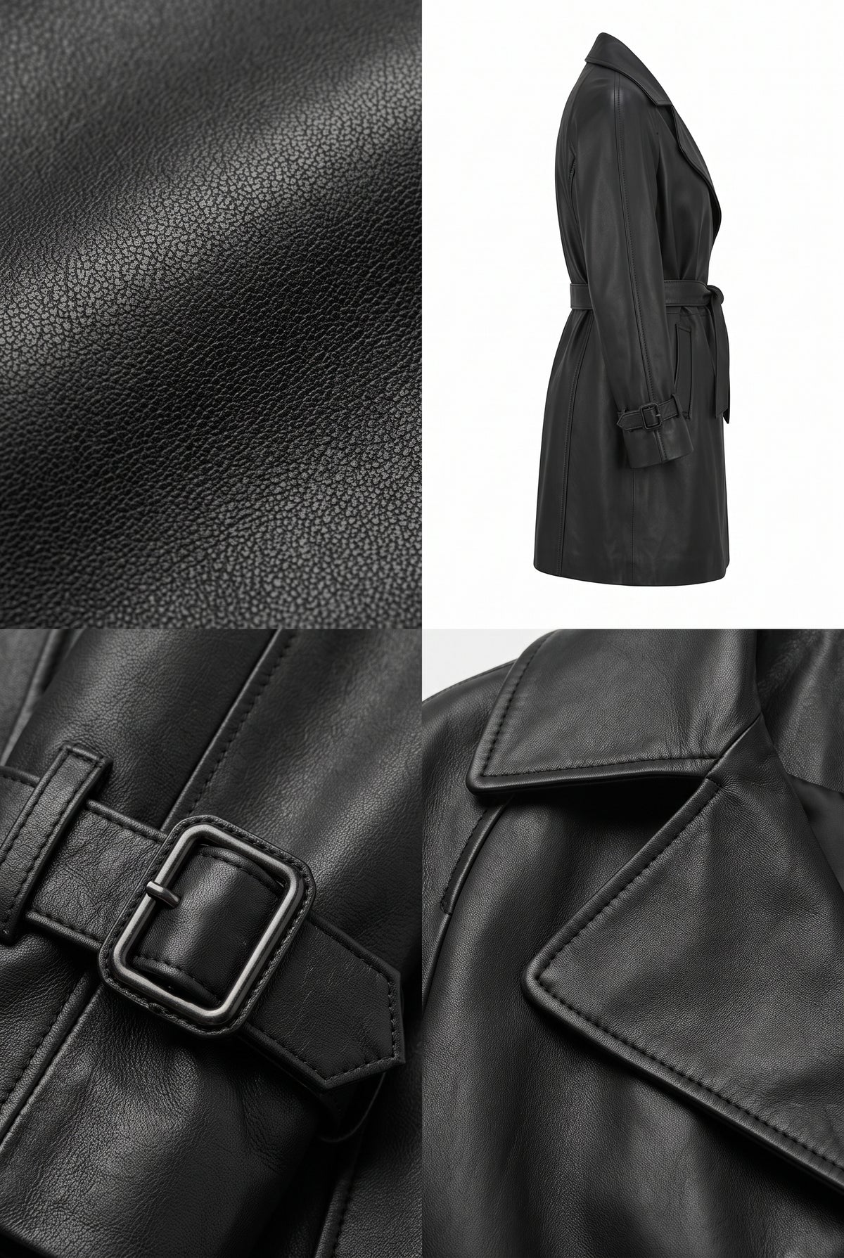 Maverick Marlowe black leather wrap trench shown in a four-panel collage: a side profile view, a close-up of the pebbled leather texture, a close-up of the belt buckle detail, and a close-up of the lapel and leather surface.