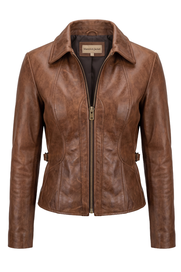 Maverick Sutton antiqued brown leather Cossack jacket, front view in ghost mannequin with point collar, brass zip and buckled waist tabs.