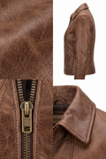A Maverick Sutton brown leather Cossack jacket shown in a multi-view collage, including a close-up of the textured leather, a close-up of the brass zipper pull, and side and back views on a white background.
