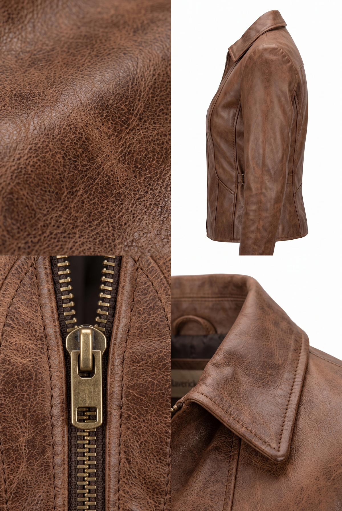 A Maverick Sutton brown leather Cossack jacket shown in a multi-view collage, including a close-up of the textured leather, a close-up of the brass zipper pull, and side and back views on a white background.