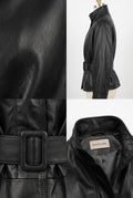 Maverick Keva black belted stand-collar jacket, shown in a four-panel collage: close-up of the leather texture, side profile on a mannequin, belted waist detail, and interior neck with a visible 'Maverick jacket' label.
