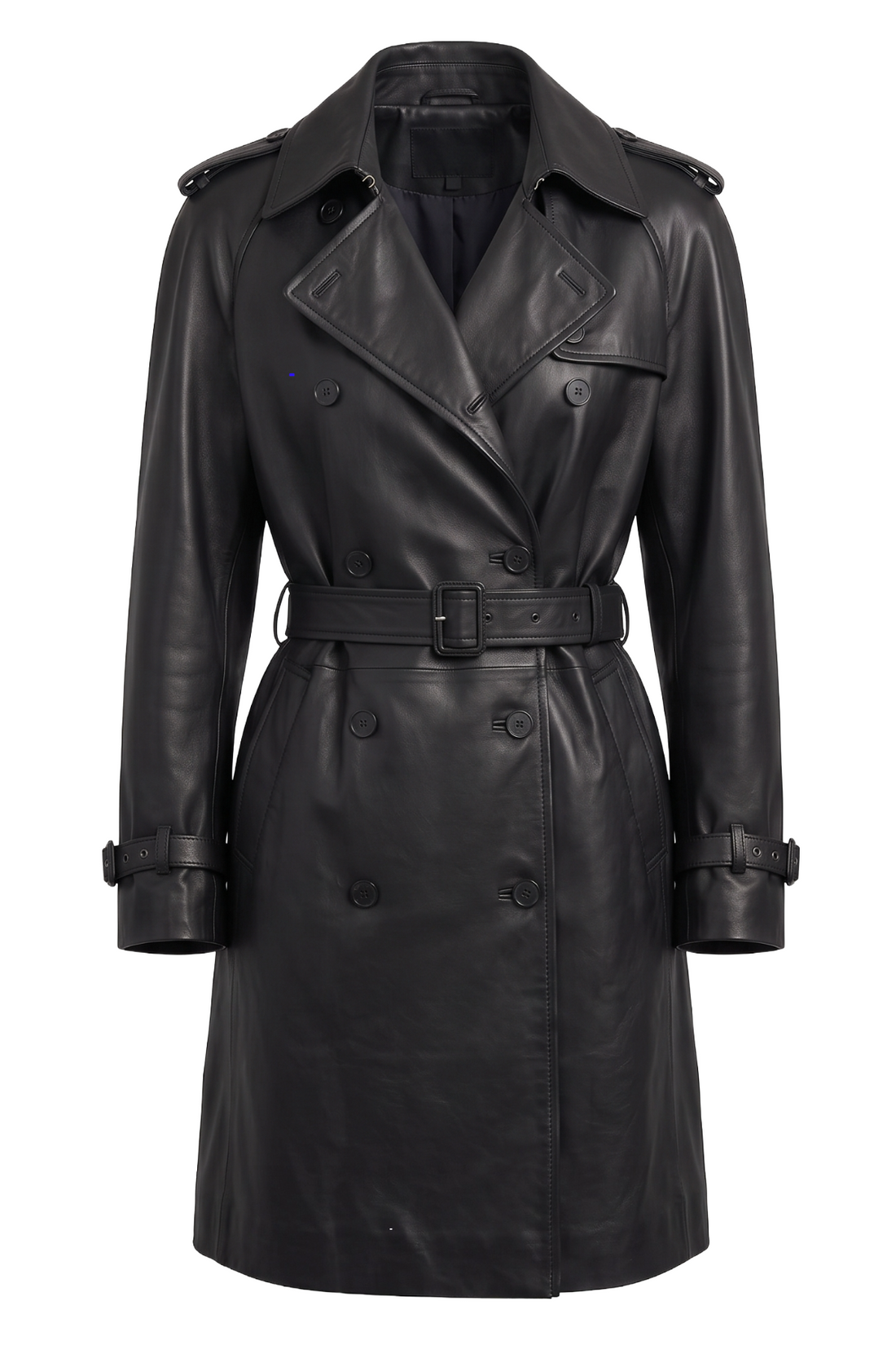 Maverick Vanya black leather double-breasted trench coat, front view in ghost mannequin with notch lapels, epaulets, buttons and belt.