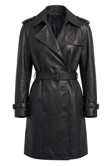 Black Leather Double-Breasted Trench Coat | Maverick Vanya
