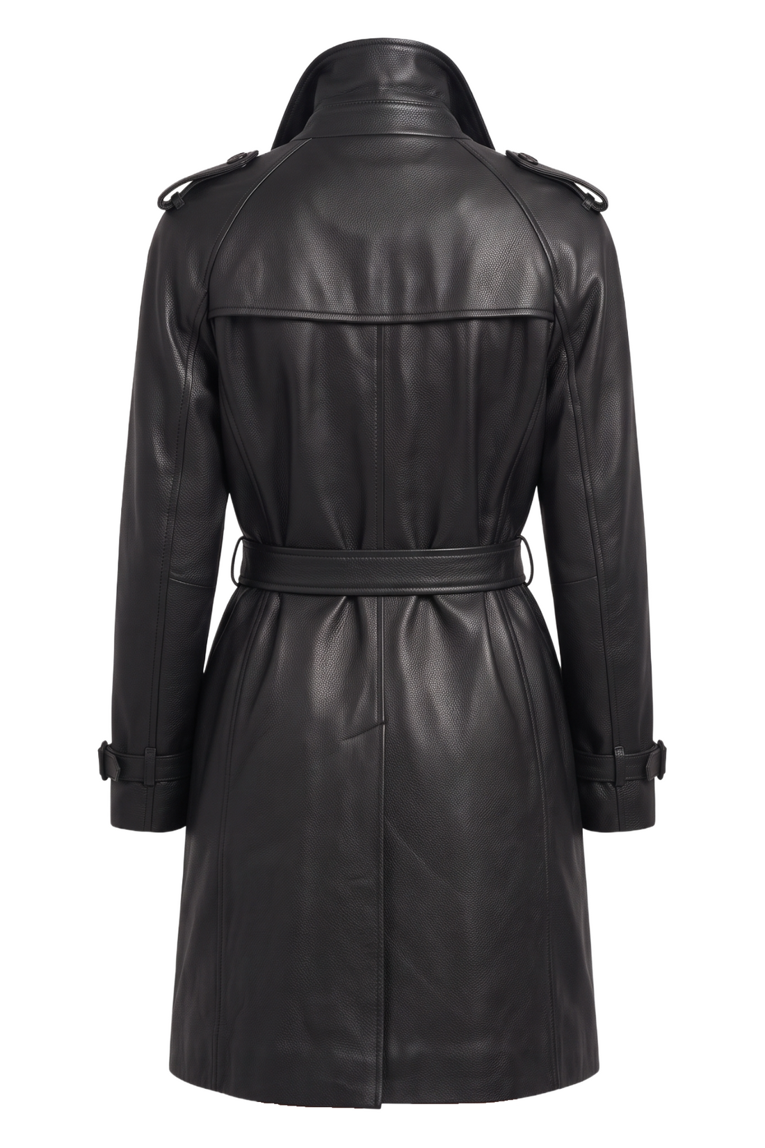 Maverick Vanya black leather double-breasted trench coat, front view in ghost mannequin with notch lapels, epaulets, buttons and belt.