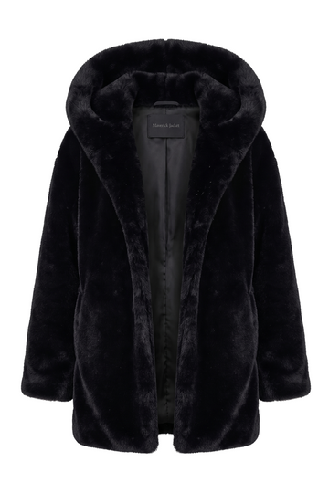 Black Faux Fur Hooded Coat | Maverick Zola