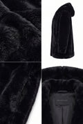 A Maverick Zola black faux fur hooded coat shown in a four-panel collage: close-up texture panels on the left and a full side view plus a front opening view on the right. A small interior label reads 
