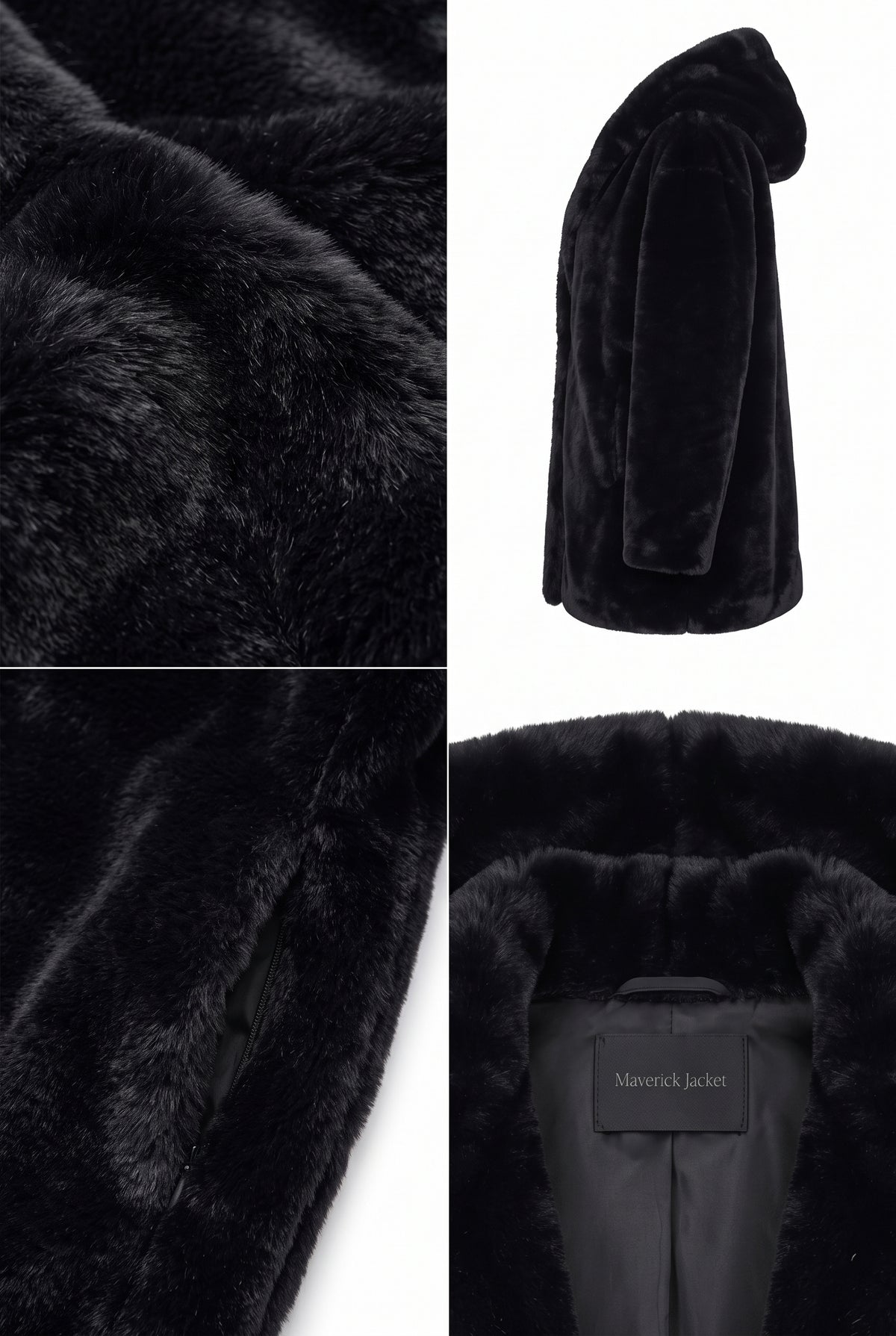 A Maverick Zola black faux fur hooded coat shown in a four-panel collage: close-up texture panels on the left and a full side view plus a front opening view on the right. A small interior label reads "Maverick jacket".