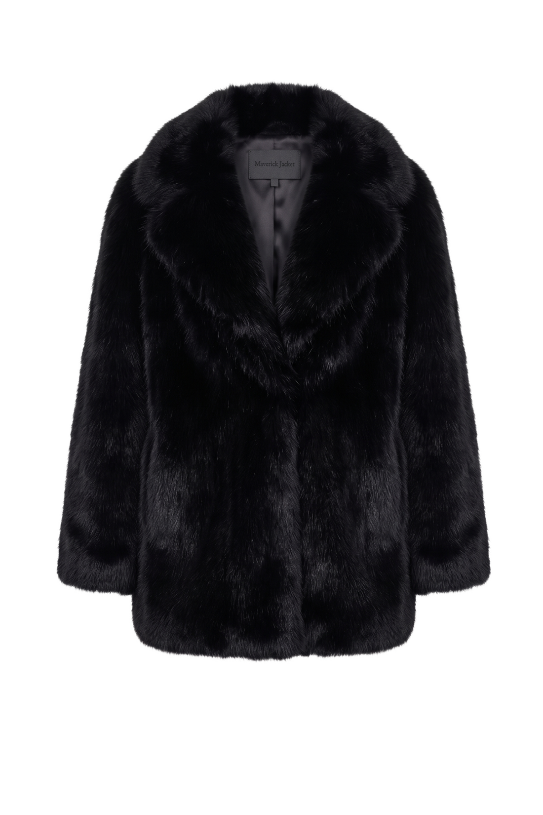 Maverick Thalia oversized faux fur stroller coat, front view in ghost mannequin with wide notch lapels and concealed front closures.