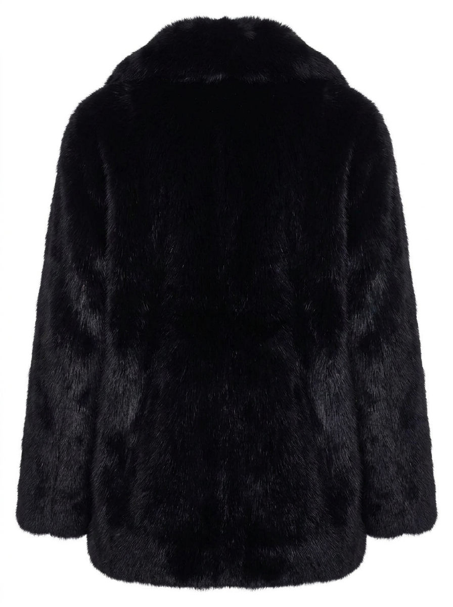 Maverick Thalia oversized faux fur stroller coat, front view in ghost mannequin with wide notch lapels and concealed front closures.