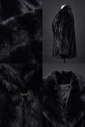 A Maverick Thalia oversized faux fur stroller coat shown in a three-panel collage: a close-up of the plush texture, a side view on a mannequin, and a front view highlighting the wide collar and a dark metal toggle closure.
