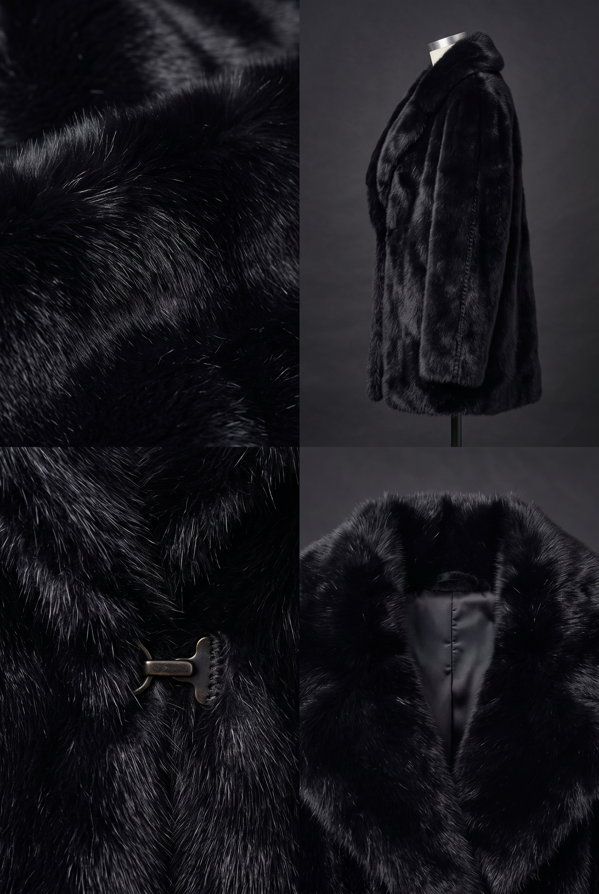 A Maverick Thalia oversized faux fur stroller coat shown in a three-panel collage: a close-up of the plush texture, a side view on a mannequin, and a front view highlighting the wide collar and a dark metal toggle closure.