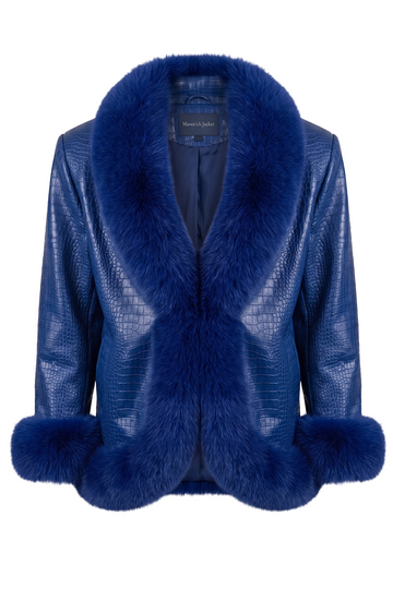 Cobalt Croc-Embossed Faux Fur Trimmed Jacket | Maverick Eris