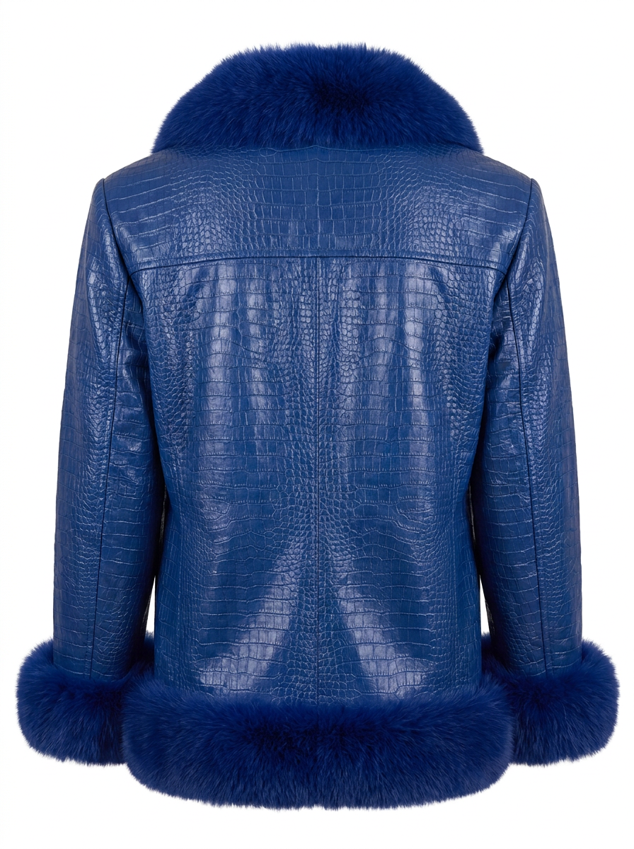 Maverick Eris cobalt faux fur-trimmed statement jacket, front view in ghost mannequin with croc-embossed leather and plush shawl lapels.