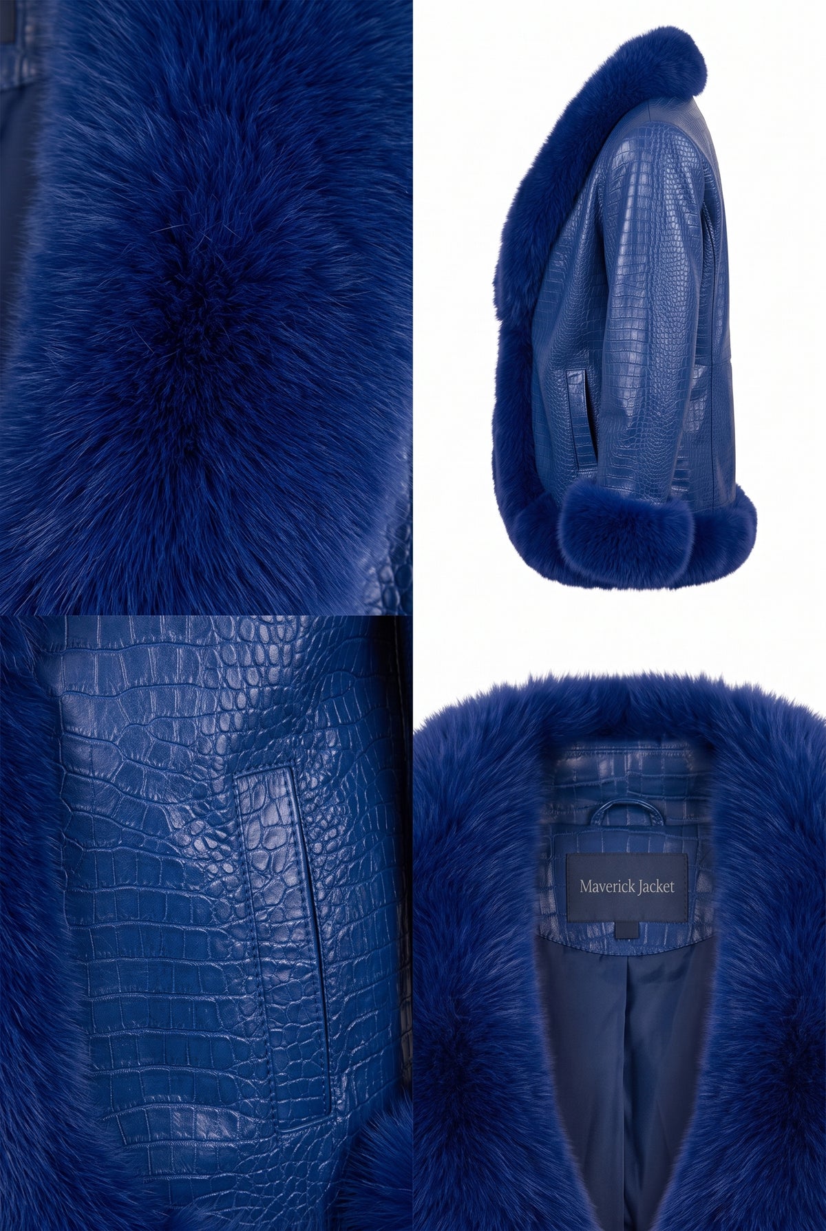 A Maverick Eris blue crocodile-embossed leather with faux fur-trimmed statement jacket shown in a multi-view collage, featuring close-ups of the fluffy collar, textured body, and side profile on a white background.