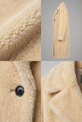A four-panel collage showing a Maverick Valera faux shearling double-breasted overcoat: a close-up of the soft textured fabric, a full-length side view on a light gray background, a close-up of a dark button with the fuzzy lining, and a close-up of the collar and fleece texture.