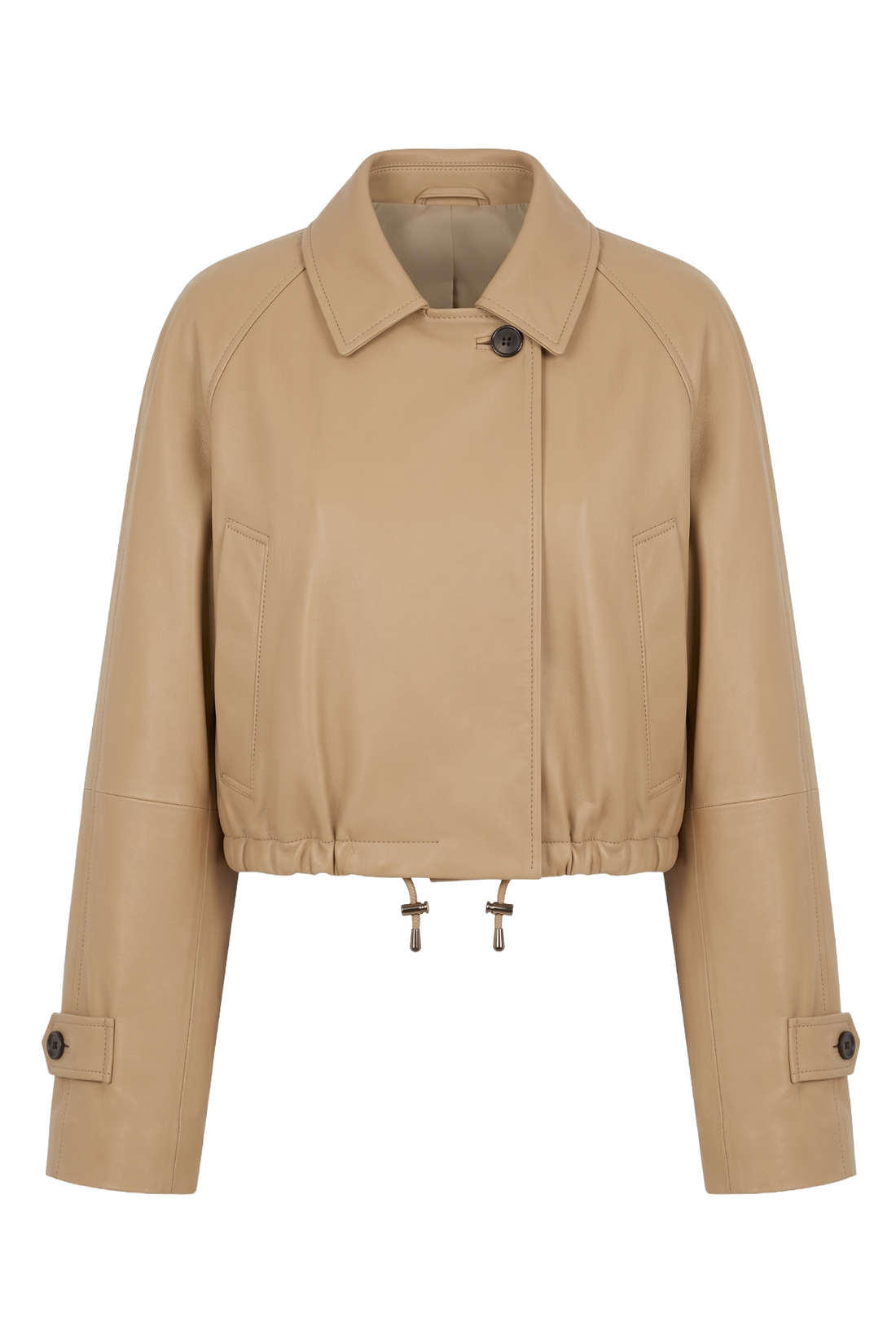 Maverick Petra camel leather cropped drawstring mac, front view in ghost mannequin with point collar, offset placket and gathered hem.