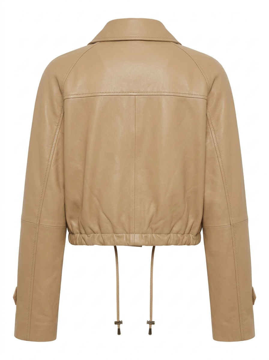 Maverick Petra camel leather cropped drawstring mac, front view in ghost mannequin with point collar, offset placket and gathered hem.