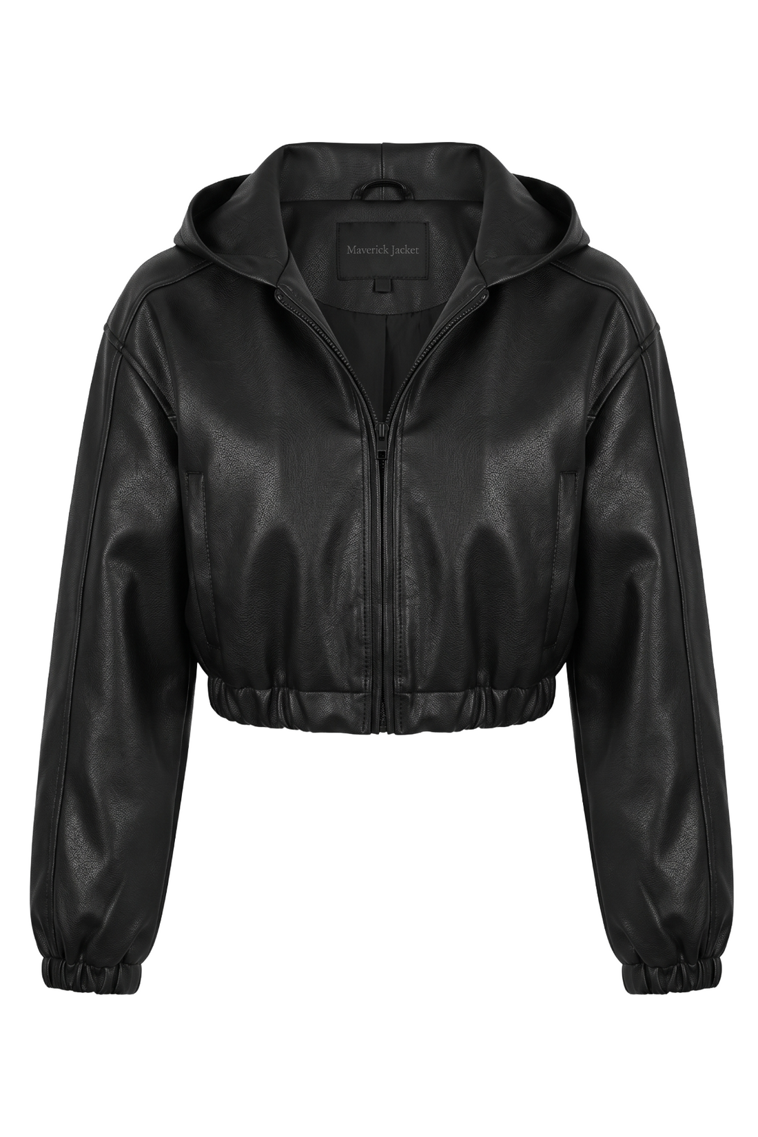 Maverick Juna black leather cropped hooded bomber, front view in ghost mannequin with integrated hood, tonal zipper and gathered hem.
