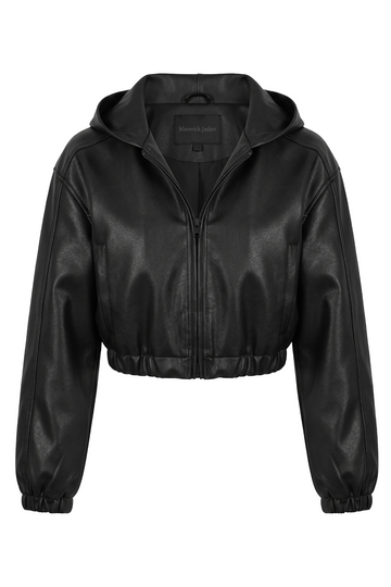 Black Leather Cropped Hooded Bomber | Maverick Juna