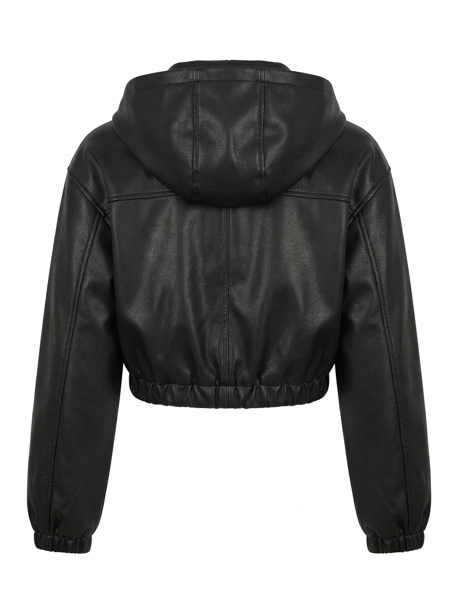 Maverick Juna black leather cropped hooded bomber, front view in ghost mannequin with integrated hood, tonal zipper and gathered hem.