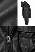 Maverick Juna black leather cropped hooded bomber shown in a four-panel collage: close-up of textured leather, side profile view, zipper detail, and interior label reading 'Maverick jacket'.