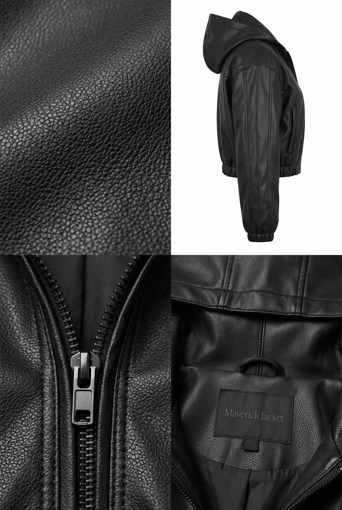 Maverick Juna black leather cropped hooded bomber shown in a four-panel collage: close-up of textured leather, side profile view, zipper detail, and interior label reading 'Maverick jacket'.