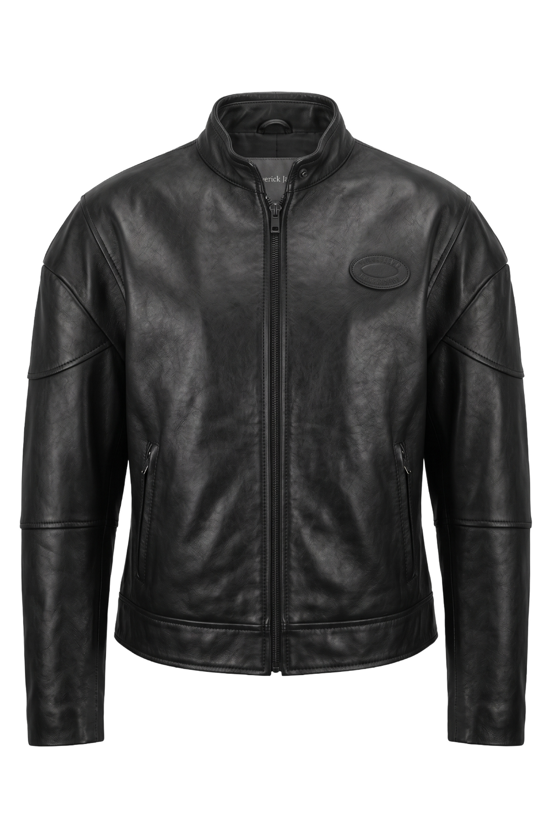 Maverick Kora black leather moto blouson, front view in ghost mannequin with snap stand collar, gunmetal zip and curved shoulder panels.