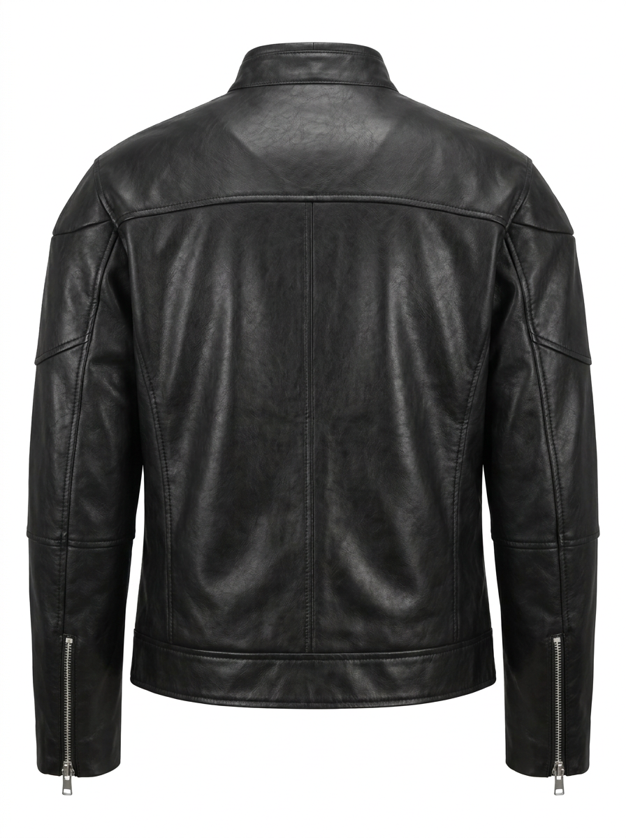 Maverick Kora black leather moto blouson, front view in ghost mannequin with snap stand collar, gunmetal zip and curved shoulder panels.