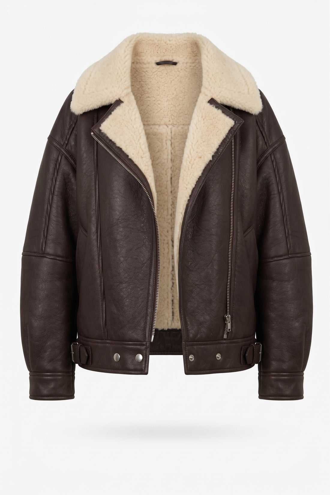 Maverick Taryn B-3 shearling bomber jacket, front flat lay with brown leather, cream shearling lapels and asymmetrical zip.