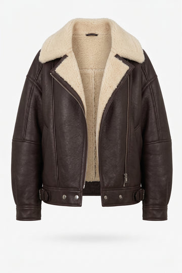 Maverick Taryn B-3 shearling bomber jacket, front flat lay with brown leather, cream shearling lapels and asymmetrical zip.