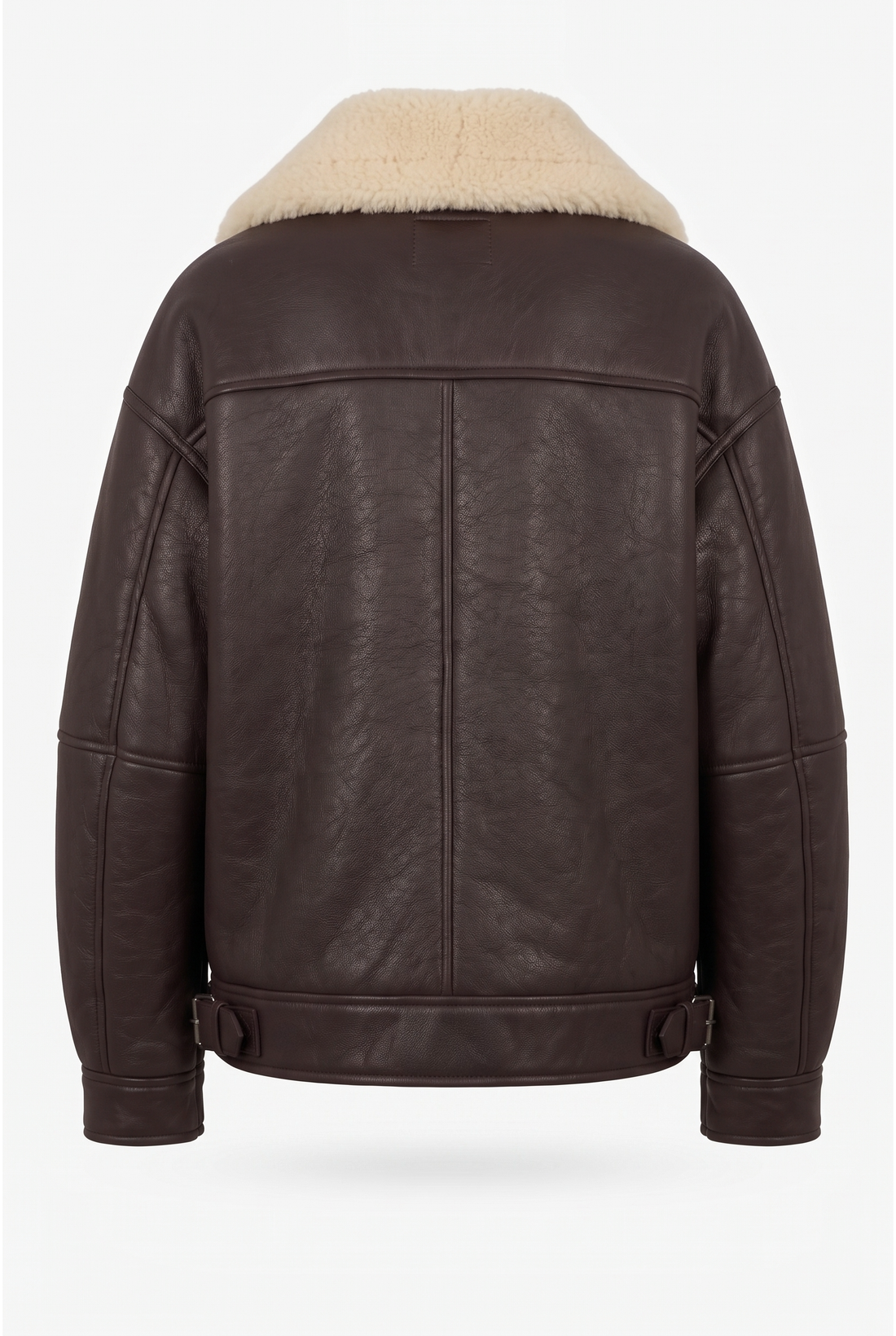 Maverick Taryn B-3 shearling bomber jacket, front flat lay with brown leather, cream shearling lapels and asymmetrical zip.
