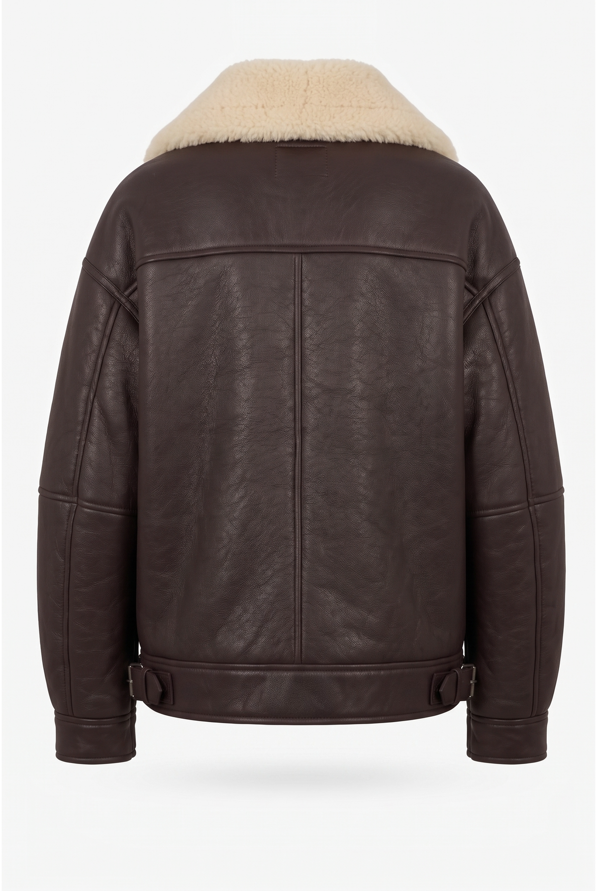 Detail of the Maverick Taryn B-3 shearling bomber jacket, highlighting distressed brown leather and cream shearling trim.