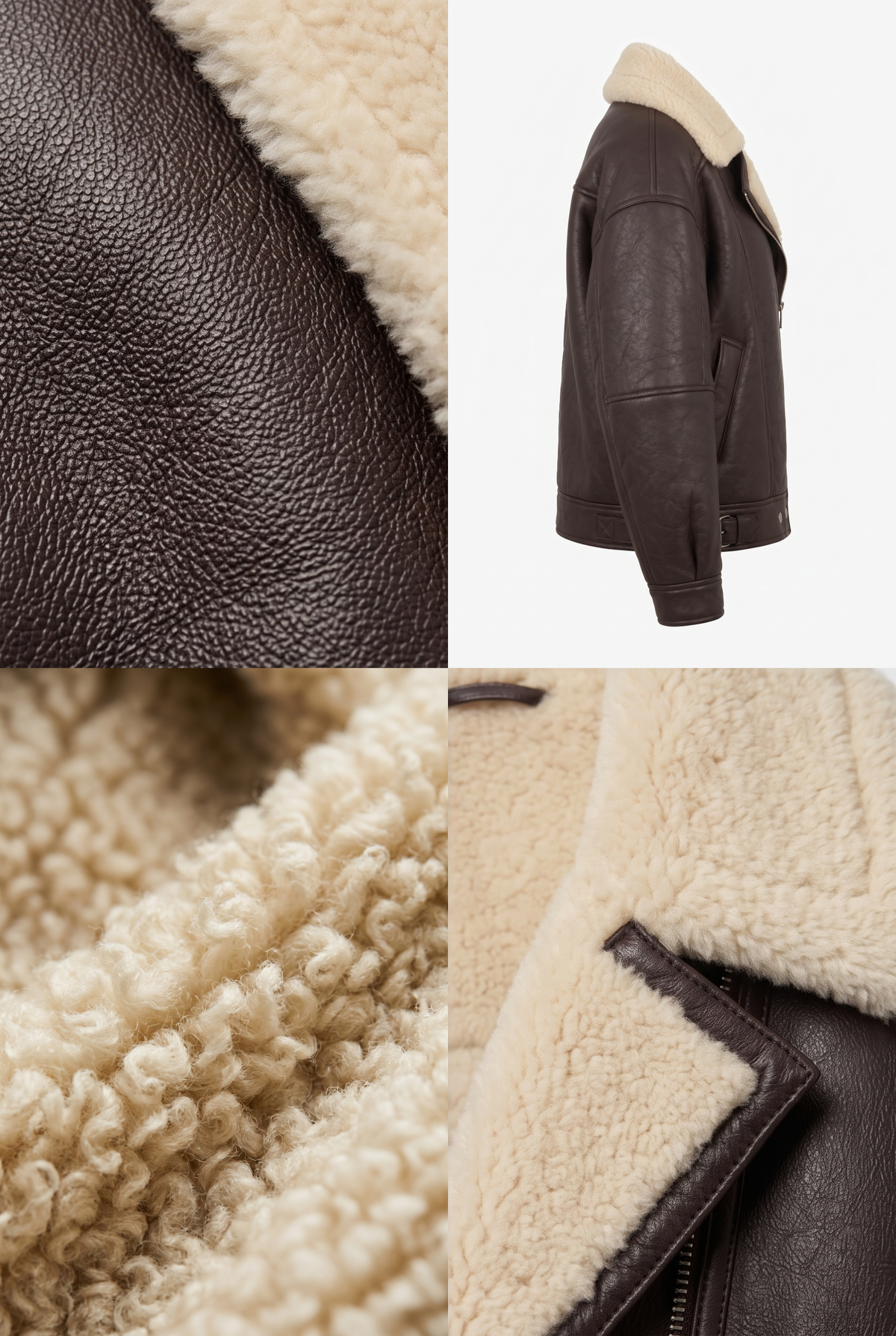 A Maverick Taryn B-3 shearling bomber jacket with a thick cream-colored shearling lining, shown in a four-panel collage highlighting the leather texture, the jacket silhouette, and the fleece lining details.