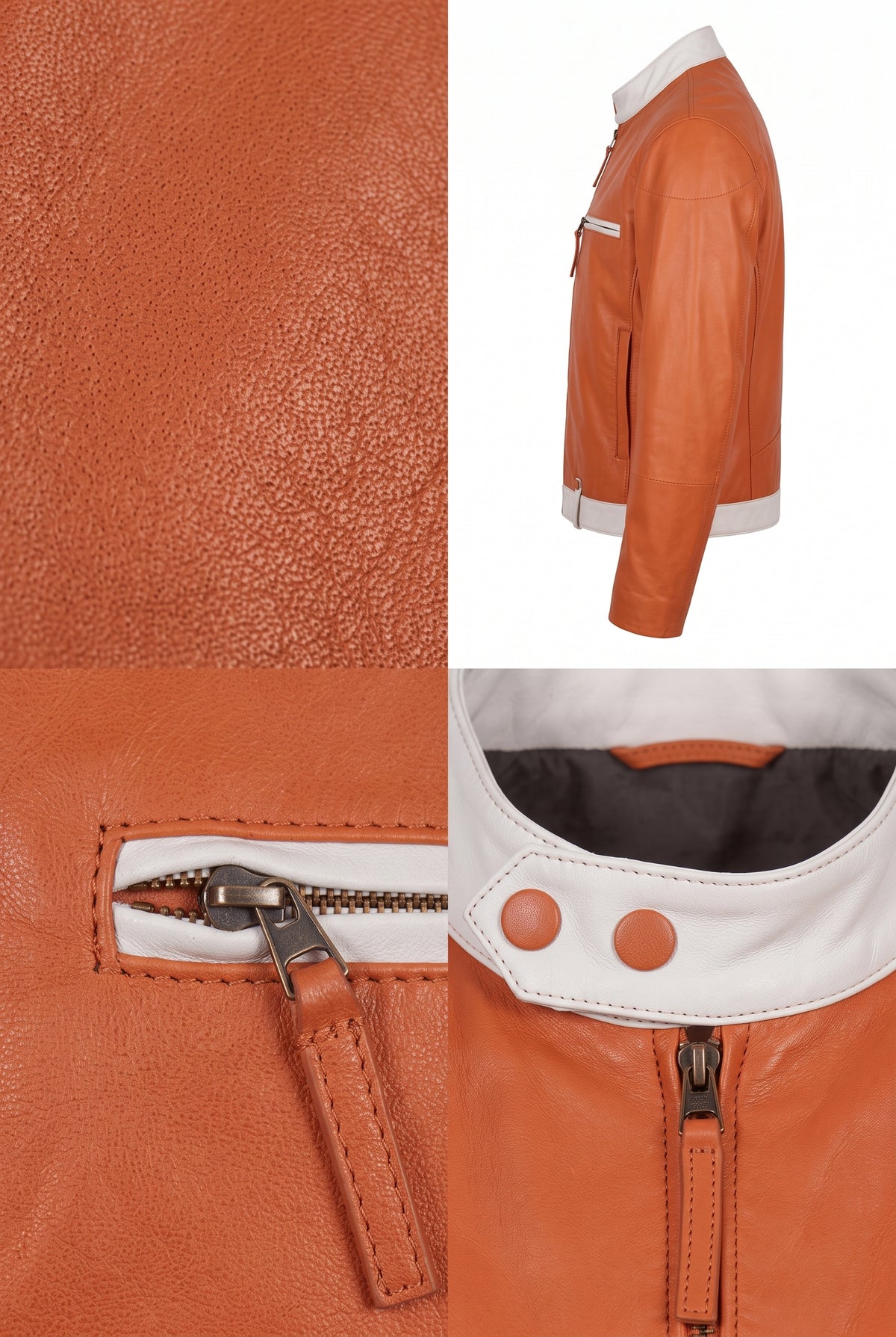 A multi-panel product detail shot of a Maverick Kestrel cafe racer jacket in a warm cognac orange. The collage includes a full side profile view, a close-up of the textured leather, a detail of the zippered chest pocket with a leather pull tab, and a close-up of the collar showing a white contrast panel and dark gray interior lining.