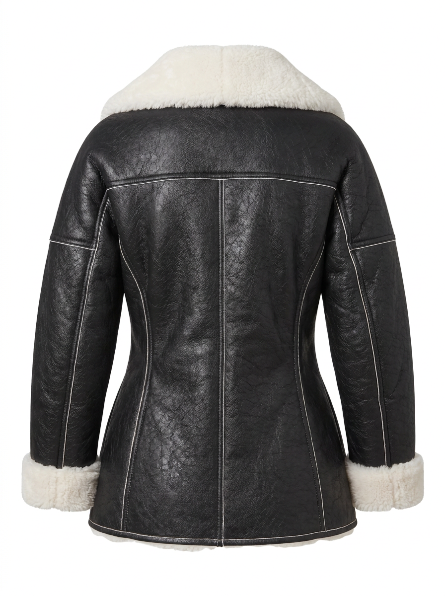 Maverick Daria black shearling stroller coat, front view in ghost mannequin  with cream shawl collar, asymmetrical zip and white piping.