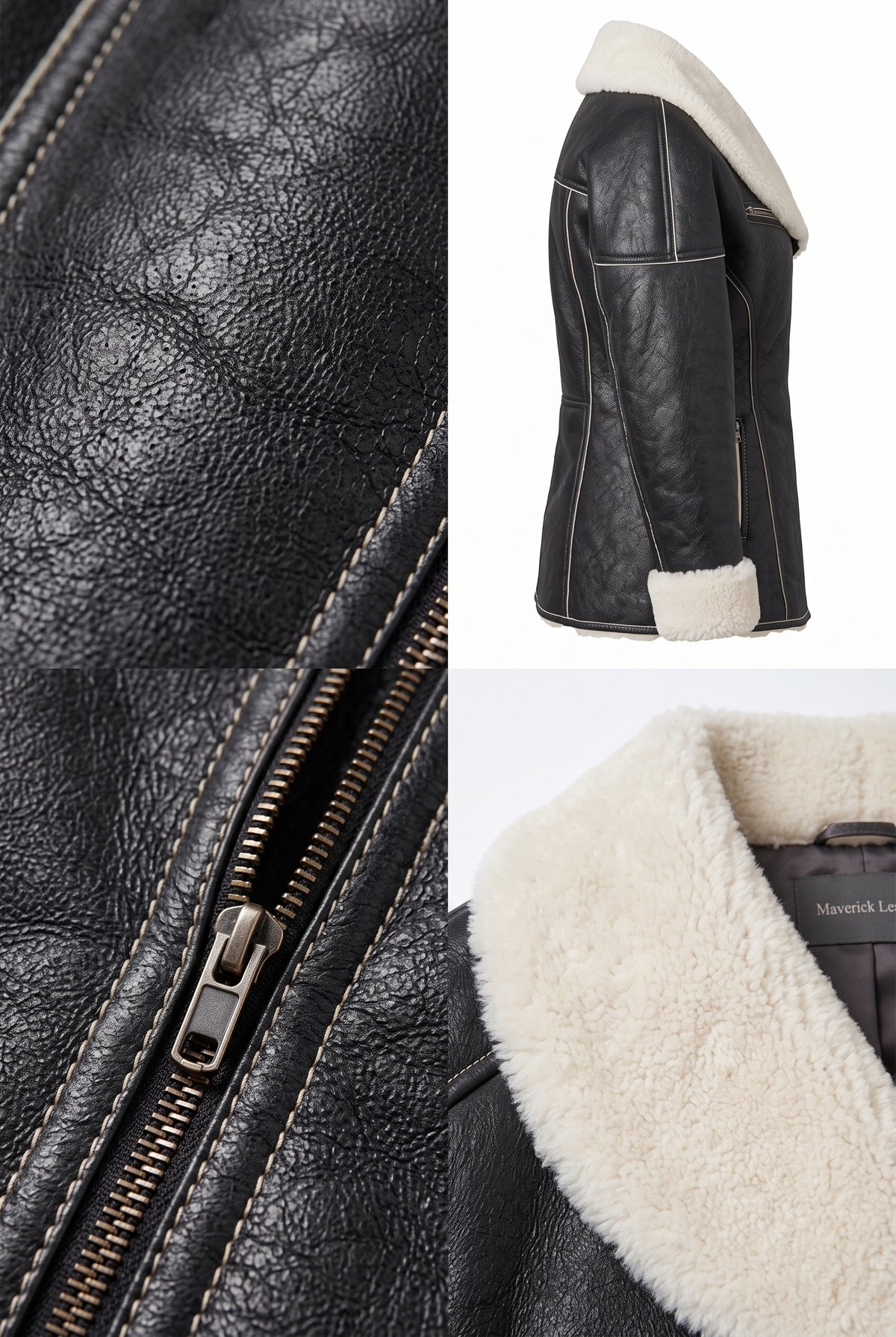 Maverick Daria shearling stroller coat with a cream shearling lining, showing a close-up of the zipper, side profile, and collar detail.